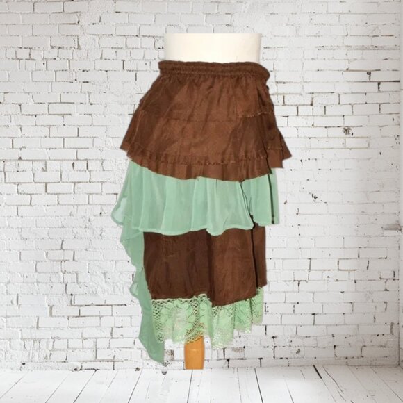 Boho Upcycle Layer Skirt Lace Brown Green - Picture 3 of 4